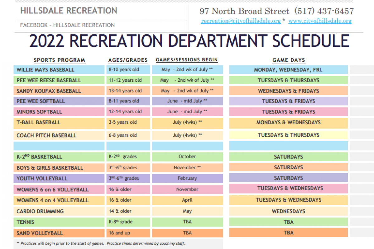 2022 Recreation Program Schedule