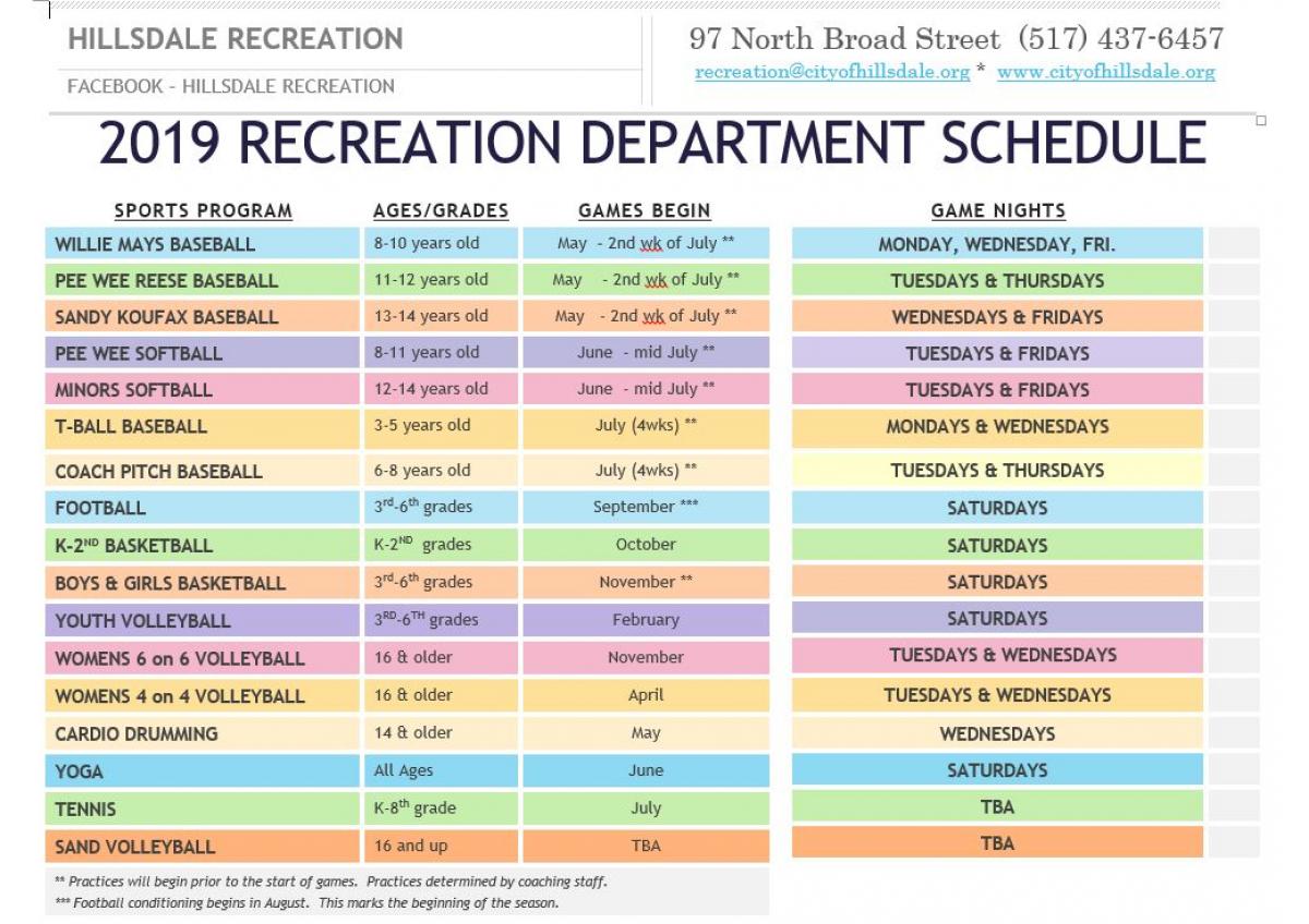 Hillsdale Recreation Programs Schedule Hillsdale Michigan